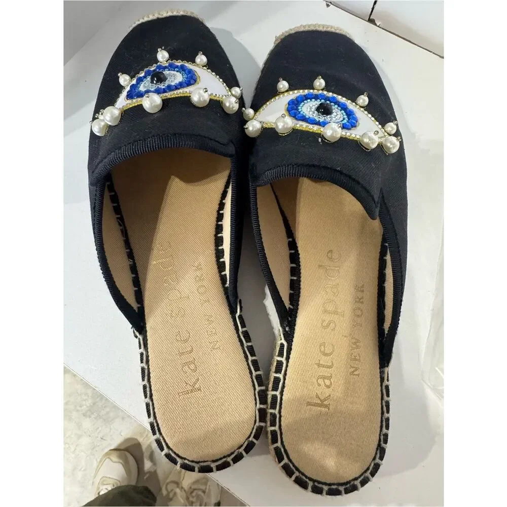 kate spade Black Canvas Evil Eye Pearl-Embellished Espadrille Mules